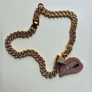 Rhinestone Pave Chain with Pink Pave Rhinestone Lip Charm Pendant  Necklace